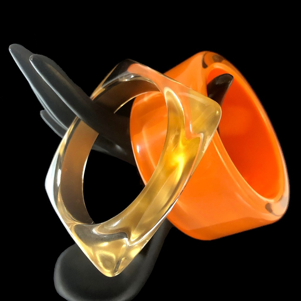 Vintage Lucite Bangle Bracelets x2! Orange + Gold